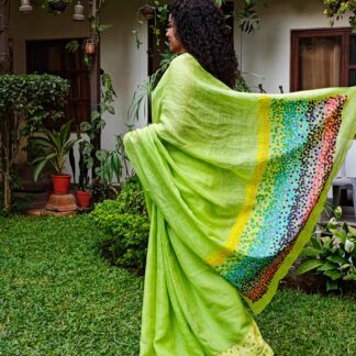 Calyz Green Linen Saree with Collage Technique